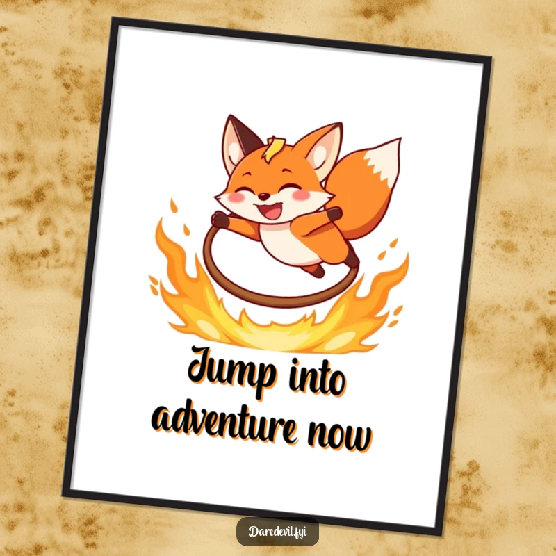 Funny free printable wall art depicting a grinning fox leaping joyfully over a fiery hoop.