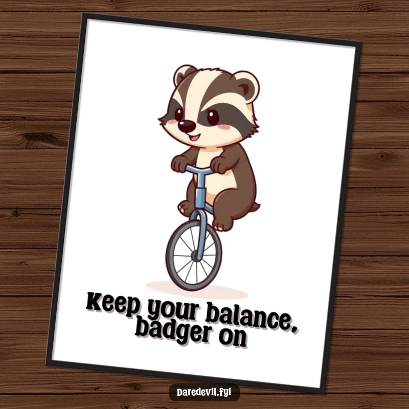 Funny Free Printable Wall Art: A determined badger focused on balancing on a wobbly unicycle, a symbol of effort.