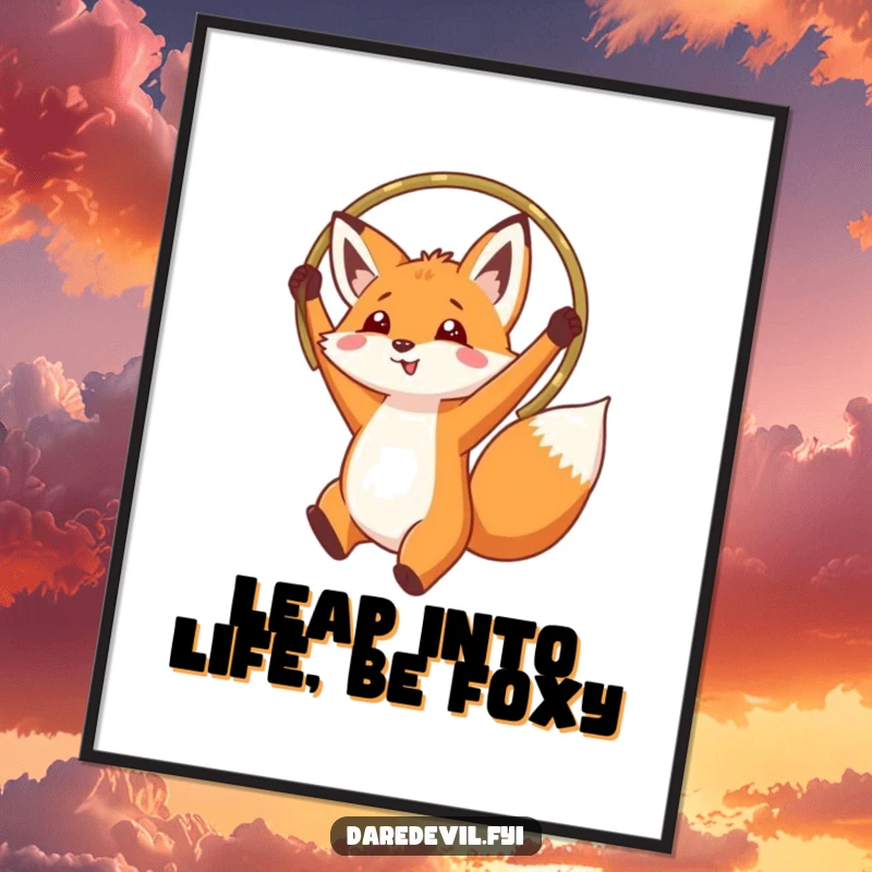 Funny free printable wall art: An athletic fox soars through a hoop suspended high, creating an action-packed and comical piece of downloadable art.