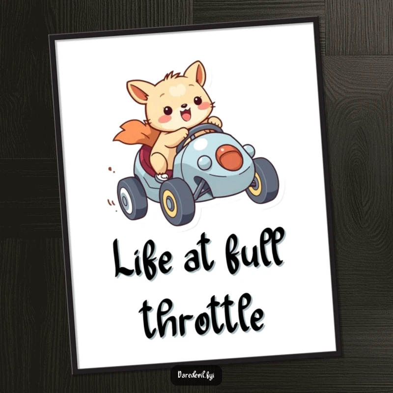 Funny free printable wall art: An animal character joyfully races a tiny, speedy vehicle with a big, enthusiastic smile.