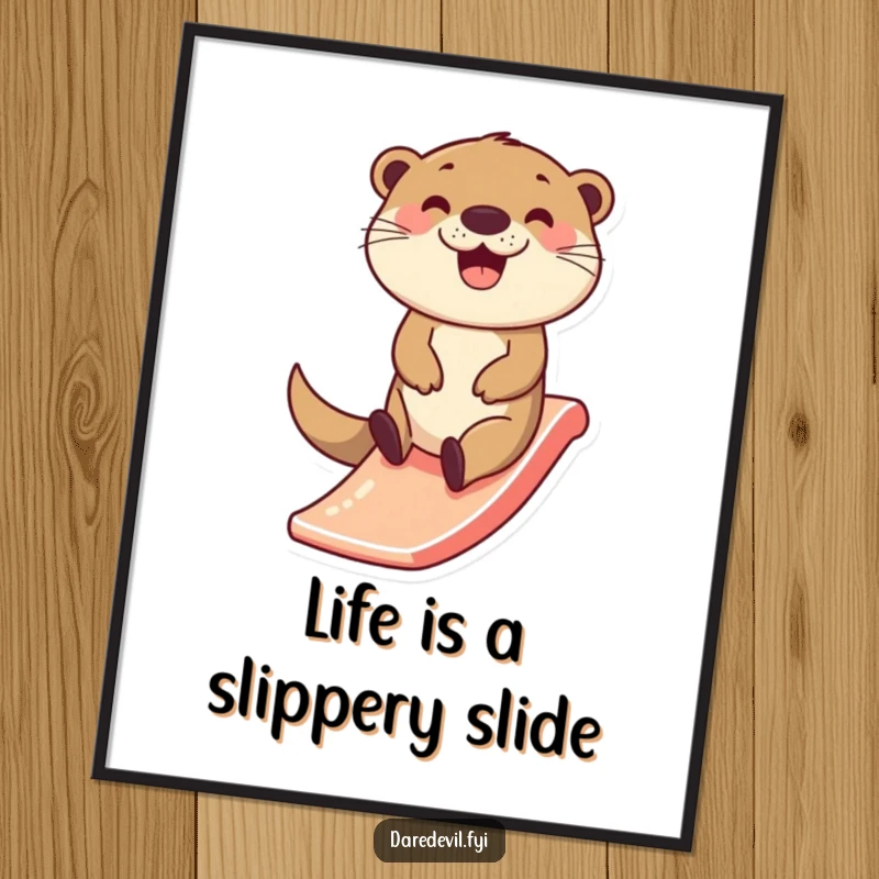 Funny Free Printable Wall Art: Happy otter character zipping down a tiny slide with a wide smile, playful and humorous downloadable decor.