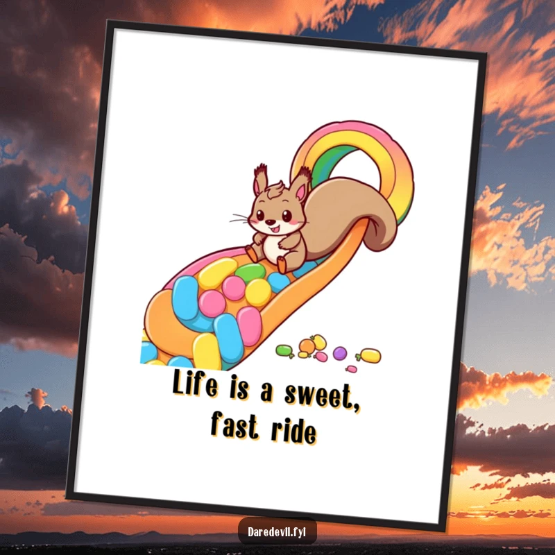 Funny Free Printable Squirrel Wall Art showing a playful squirrel having a blast zooming down a vibrant rainbow slide made of candy.