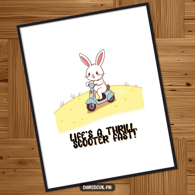 Funny Free Printable Wall Art: A cheerful rabbit zooms energetically down a hill on a tiny scooter.