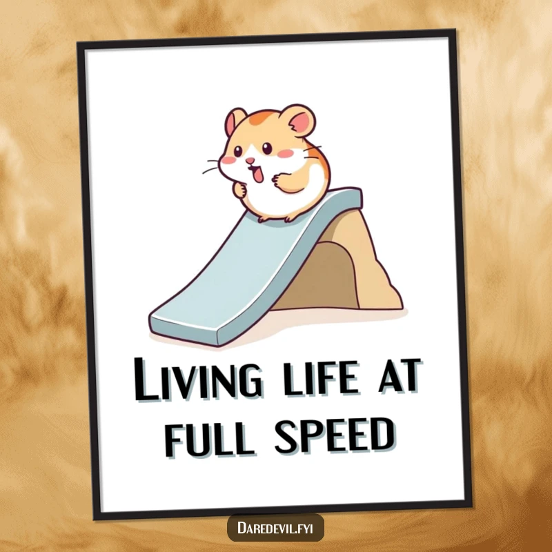 Funny Free Printable Wall Art: Hamster whizzing down a steep slide with comical speed and excitement.