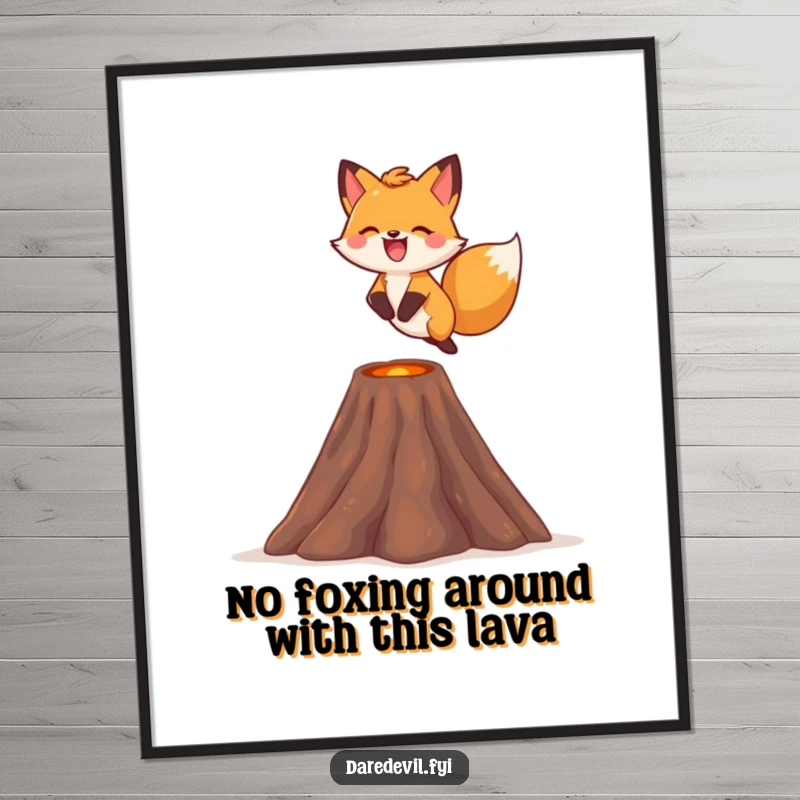 Funny Free Printable Wall Art: Cute fox gleefully leaping over a tiny volcano with a big smile, bringing adventure to life.