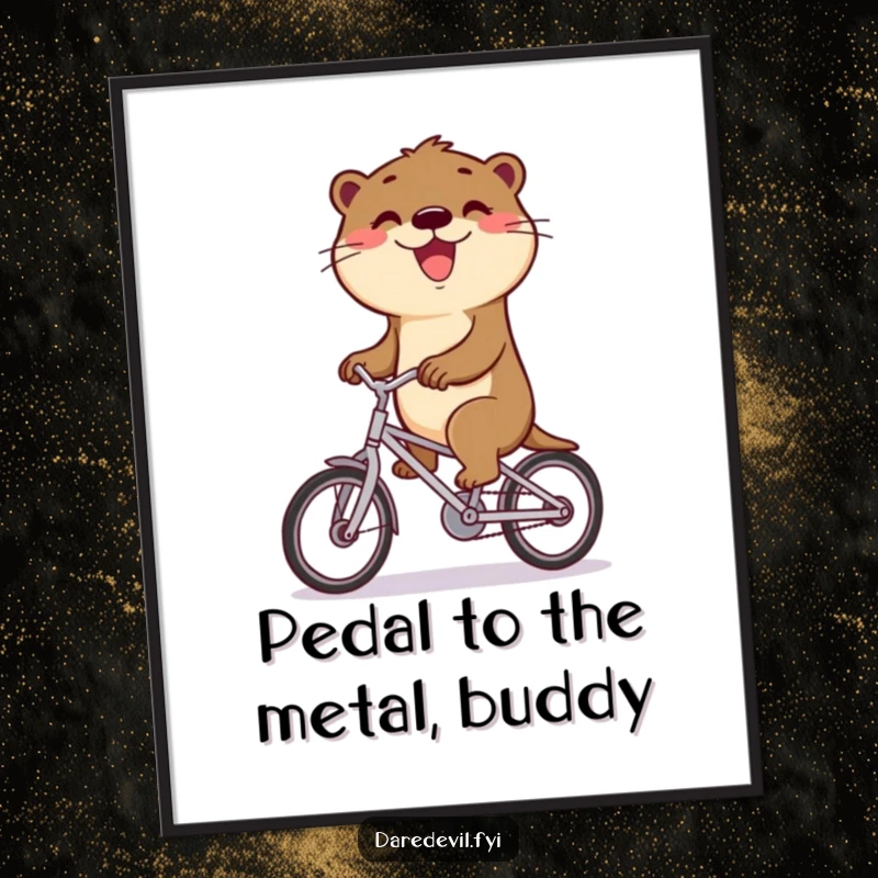 Funny Free Printable Wall Art: Delighted otter with a triumphant grin riding a small bicycle, downloadable art.