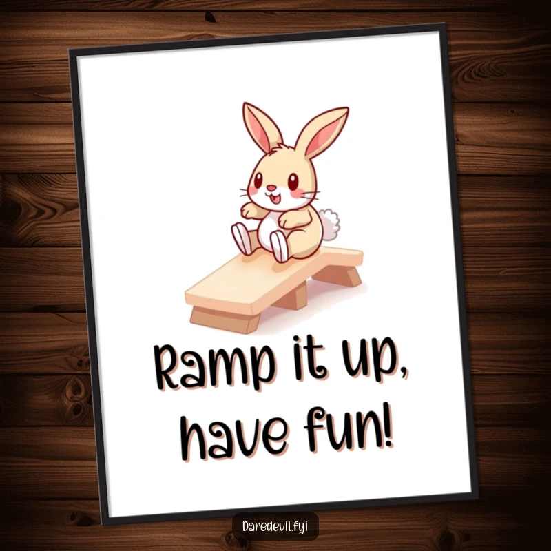Funny free printable wall art: A courageous bunny fearlessly slides down a miniature ramp, creating a dynamic and humorous piece of downloadable decor.