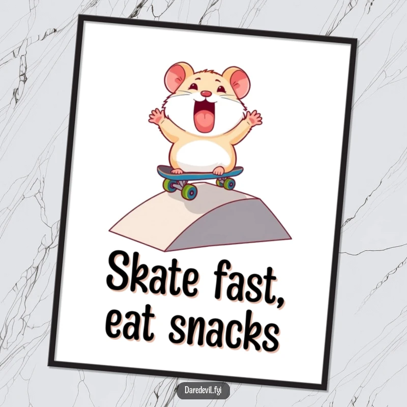 Funny Free Printable Wall Art: Thrilled hamster rides a mini skateboard down a ramp with flair, humorous and rad downloadable decor.