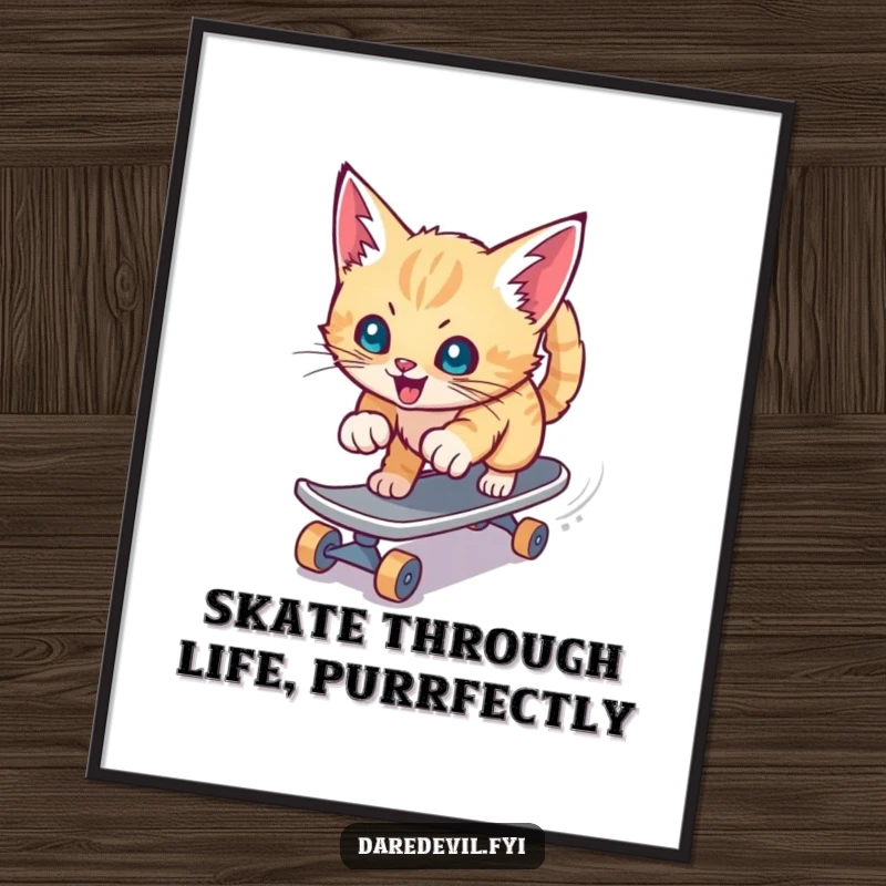 Funny Free Printable Wall Art: A playful kitten aggressively zooms down a slide on a tiny skateboard.