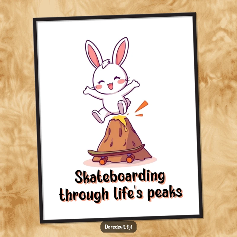 Funny Free Printable Wall Art: A cheerful bunny masterfully skates over a tiny volcano, radiating pure, hilarious, extreme energy.