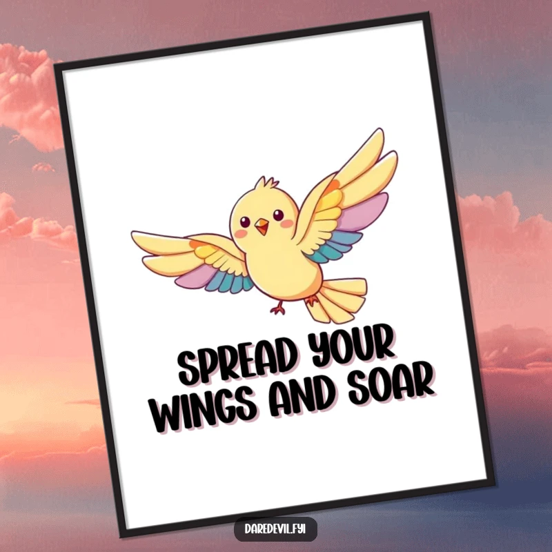 Funny Free Printable Wall Art: A small bird with expansive, vibrant rainbow wings soars gracefully through the sky!