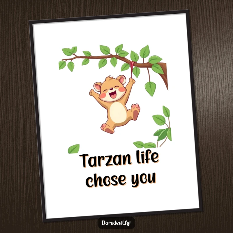 Funny Free Printable Wall Art of a joyful animal character swinging exuberantly from a vine, embodying pure freedom.