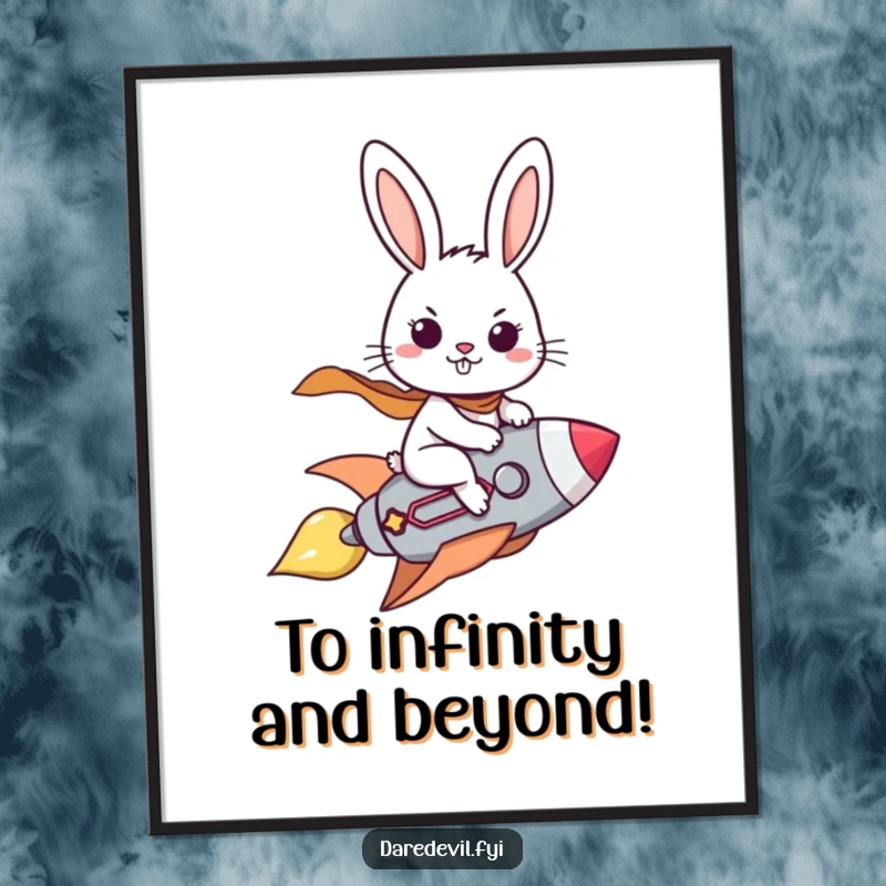 Funny Free Printable Wall Art: A brave rabbit with a determined grin rides a small rocket, ready for adventure.