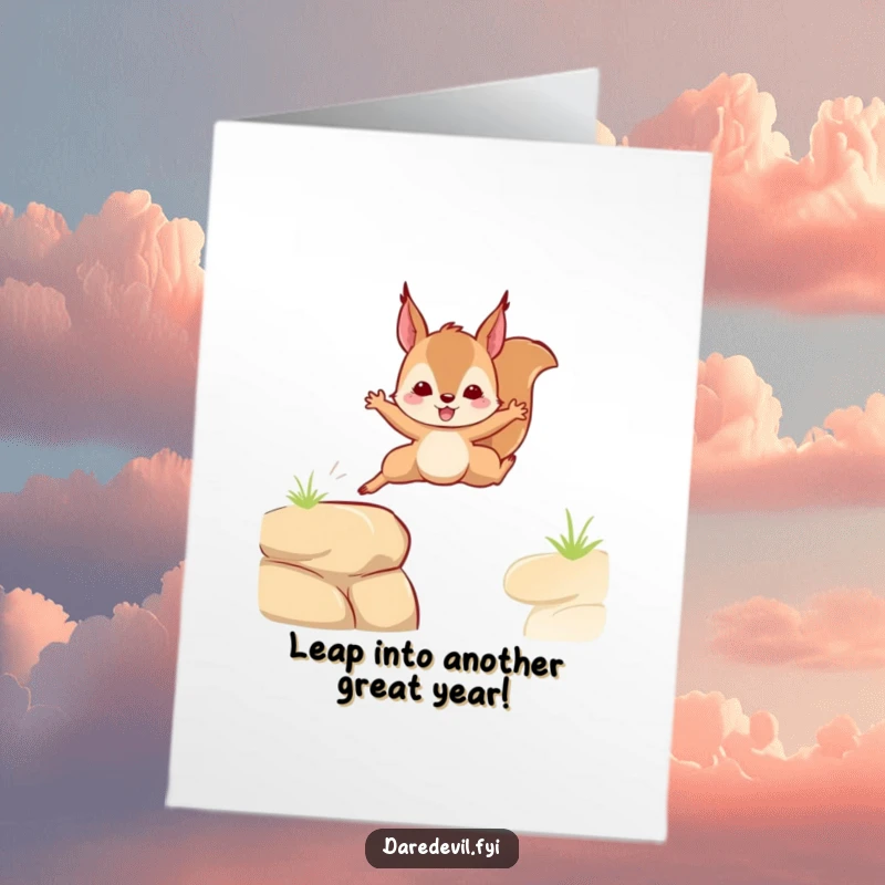 Funny Free Printable Birthday Card: A squirrel bravely leaping across a gap, capturing daring spirit and birthday excitement.