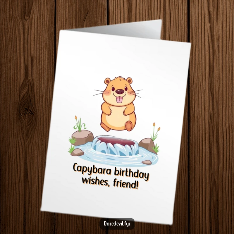 Funny free printable birthday card featuring a happy capybara leaping over a river with joyful abandon.