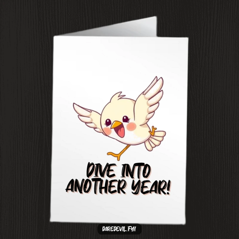Funny Free Printable Birthday Card: Bird takes a spectacular, joyful dive with wings spread wide in celebration.