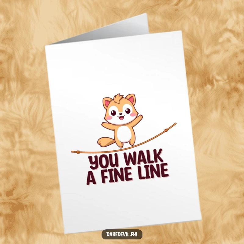 Funny free printable birthday card: A daring animal character confidently balances on a tightrope with a huge smile, celebrating.
