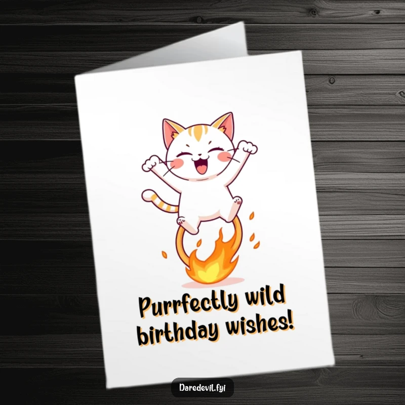 Funny Free Printable Birthday Card: Mischievous cat mid-air, leaping through a blazing hoop with pure glee, perfect for a laugh.