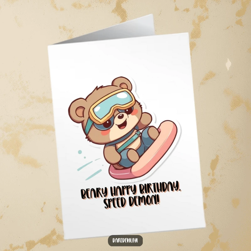 Funny Free Printable Birthday Card: Curious bear in goggles slides fast, perfect for a hilarious DIY gift.