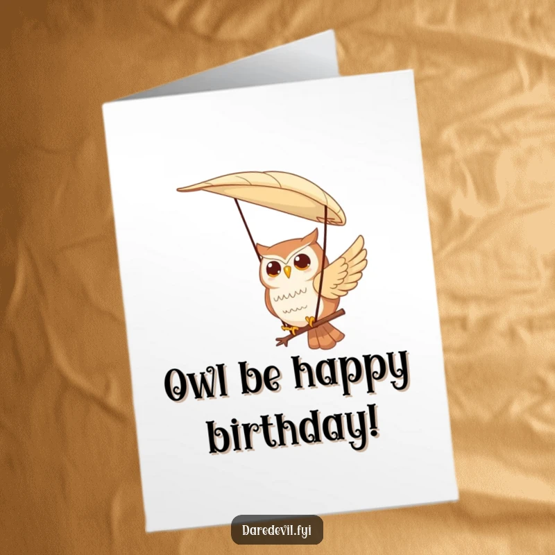 Funny Free Printable Birthday Card: a contented owl character peacefully paragliding with a large feather, celebrating joyfully.