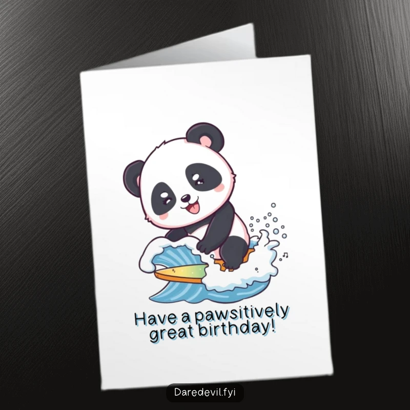 Funny Free Printable Birthday Card: A smiling panda happily surfing a small, crashing wave with a relaxed expression. Bamboo not included.