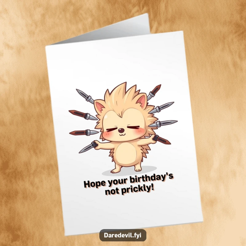 Funny Free Printable Birthday Card: Sleepy hedgehog with closed eyes juggles sharp objects, a hilarious gift idea.