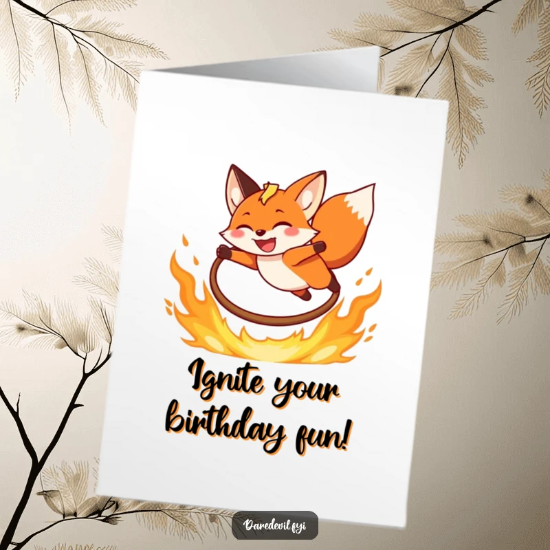 Funny free printable birthday card featuring a grinning fox joyfully leaping over a fiery hoop.