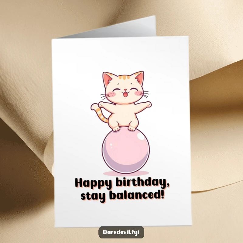 Funny free printable birthday card: A charming cat wobbles on a rolling sphere, showcasing incredible balance for a memorable birthday greeting.