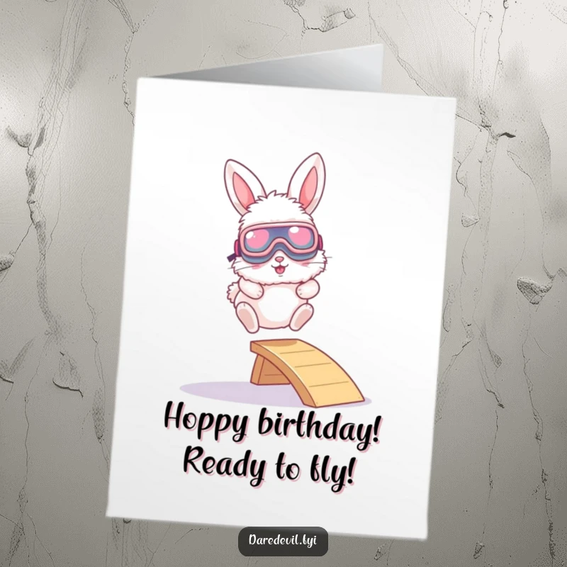 Funny Free Printable Birthday Card: A fluffy bunny in big goggles leaps fearlessly from a tiny ramp.