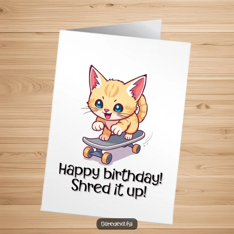Funny Free Printable Birthday Card: A kitten speeds down a slide on a tiny skateboard with fierce focus.