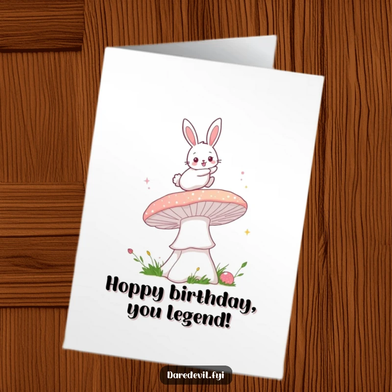Funny Free Printable Bunny Birthday Card featuring a fluffy bunny leaping over a giant, sparkling mushroom with birthday wishes.