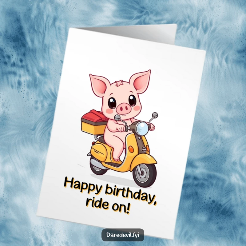 Funny free printable birthday card: A brave piglet zooms on a scooter, eyes wide with excitement, delivering a fun-filled birthday wish.