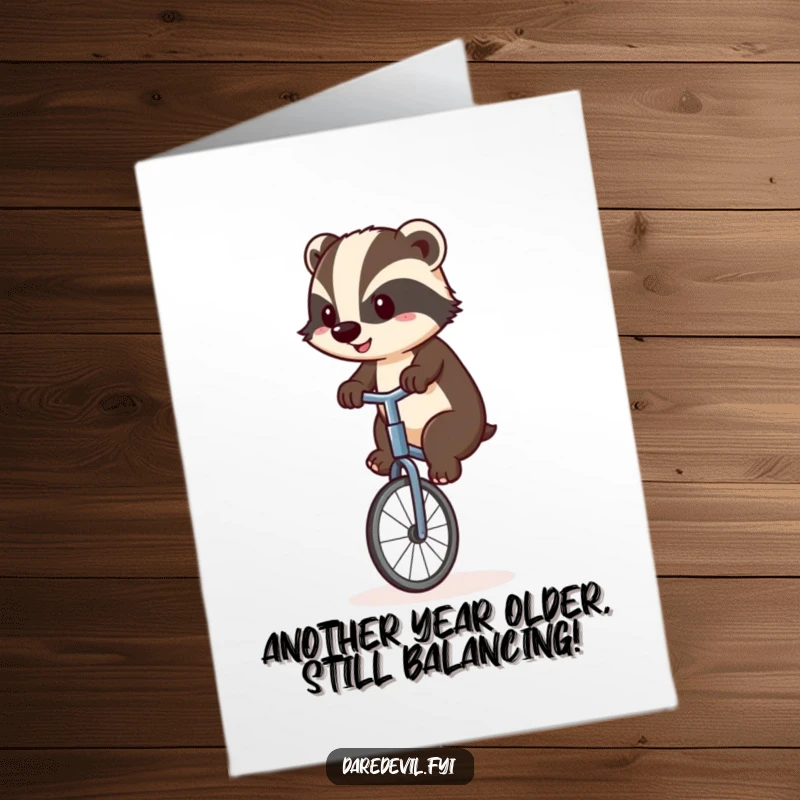 Funny Free Printable Birthday Card: A badger with intense focus, precariously balancing on a wobbly unicycle, ready to celebrate.