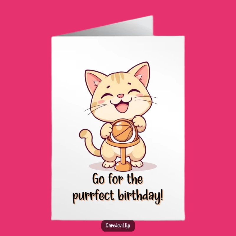 Funny Free Printable Birthday Card: Grinning Cat Hoop Shot - Playful Printable Greeting