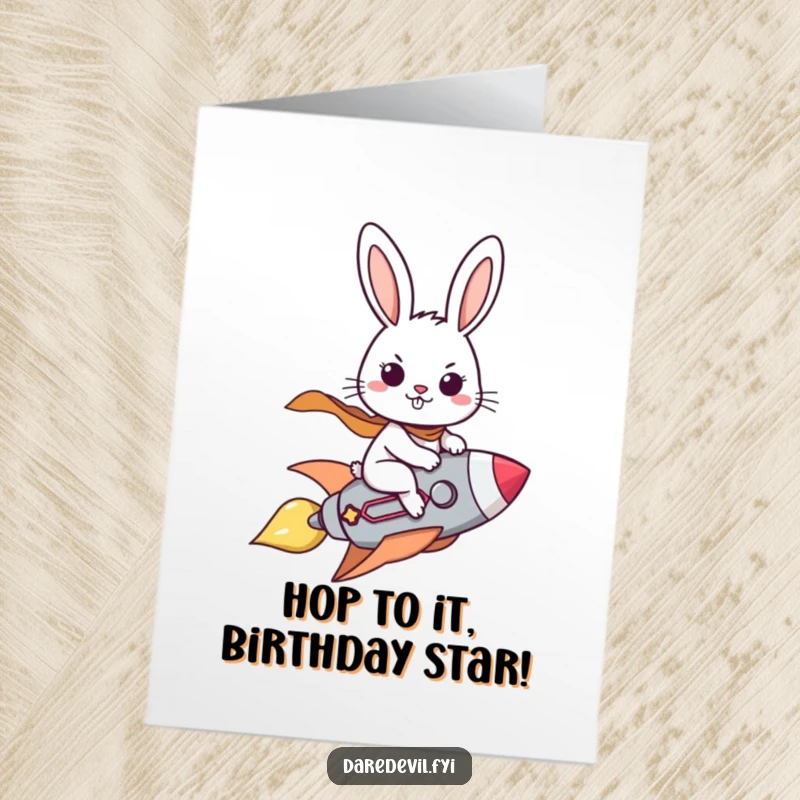 Funny Free Printable Birthday Card: A brave rabbit grins determinedly while riding a tiny rocket into the birthday fun.