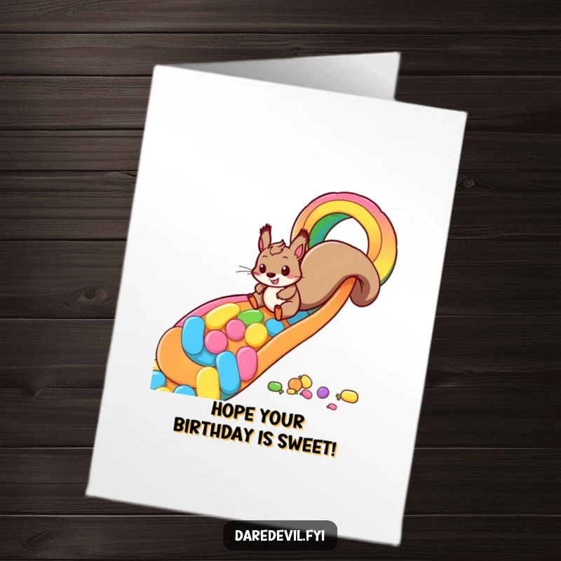 Funny Free Printable Squirrel Birthday Card featuring a playful squirrel zooming down a colorful candy rainbow slide with birthday joy.