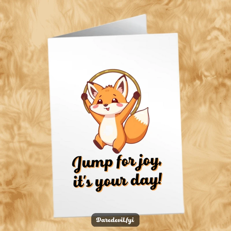 Funny free printable birthday card: An agile fox leaps through a hoop held high, bringing energetic birthday wishes and a playful spirit.