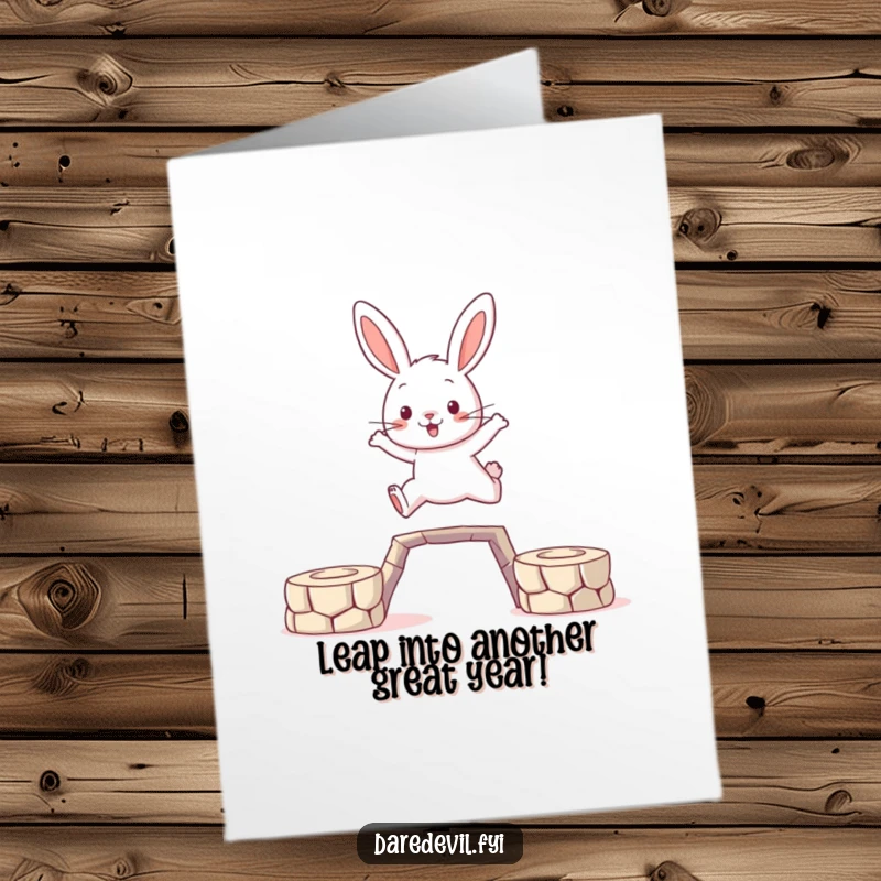Funny Free Printable Birthday Card: Brave rabbit character leaping heroically across a gap, a dynamic and humorous greeting.
