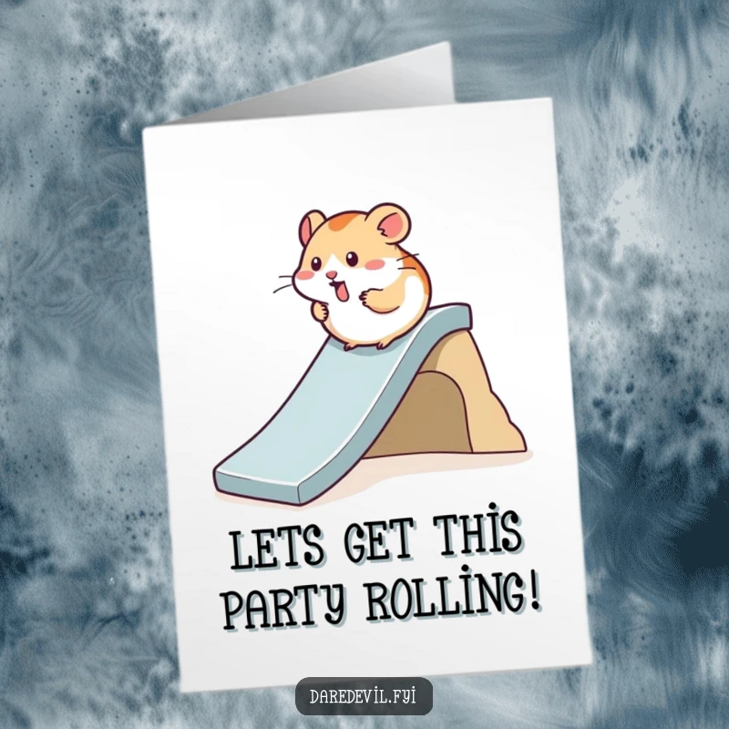 Funny Free Printable Birthday Card: Hamster zipping down a steep slide with great speed and delight.