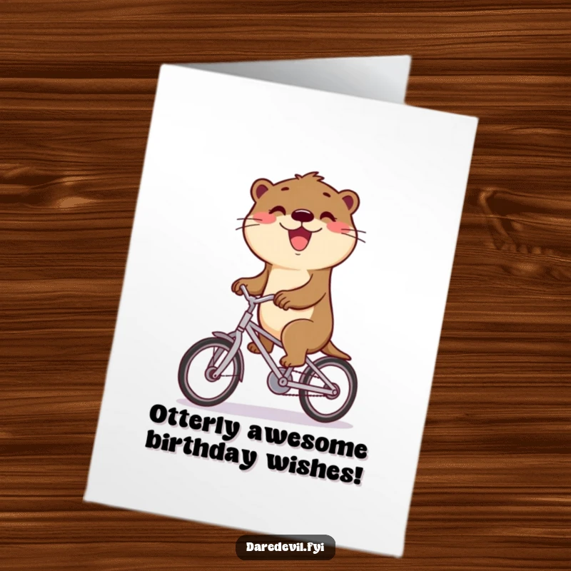 Funny Free Printable Birthday Card: Delighted otter with a big grin rides a tiny bike, a humorous gift.