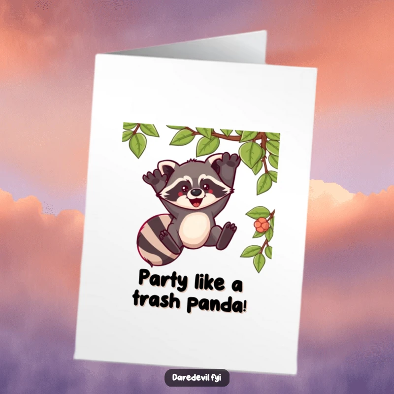 Funny free printable birthday card showing a raccoon gleefully swinging from a jungle vine with pure excitement.