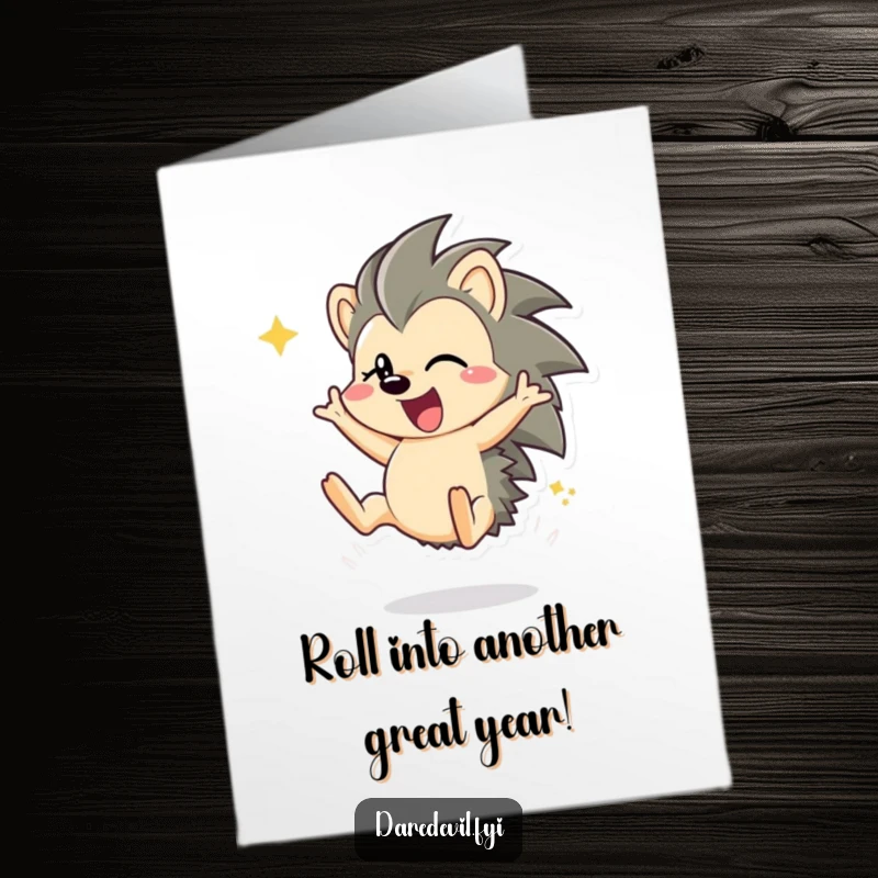 Funny Free Printable Birthday Card: Cheerful hedgehog doing an energetic somersault, spreading joy and birthday wishes. Print it now!