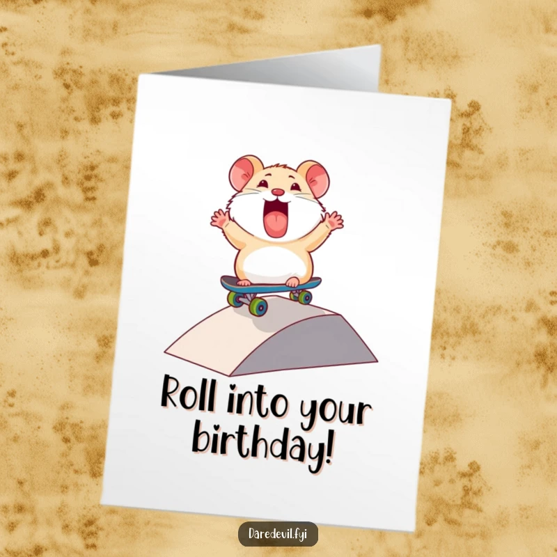 Funny Free Printable Birthday Card: Thrilled hamster on a mini skateboard carving down a ramp, a rad and humorous birthday wish.