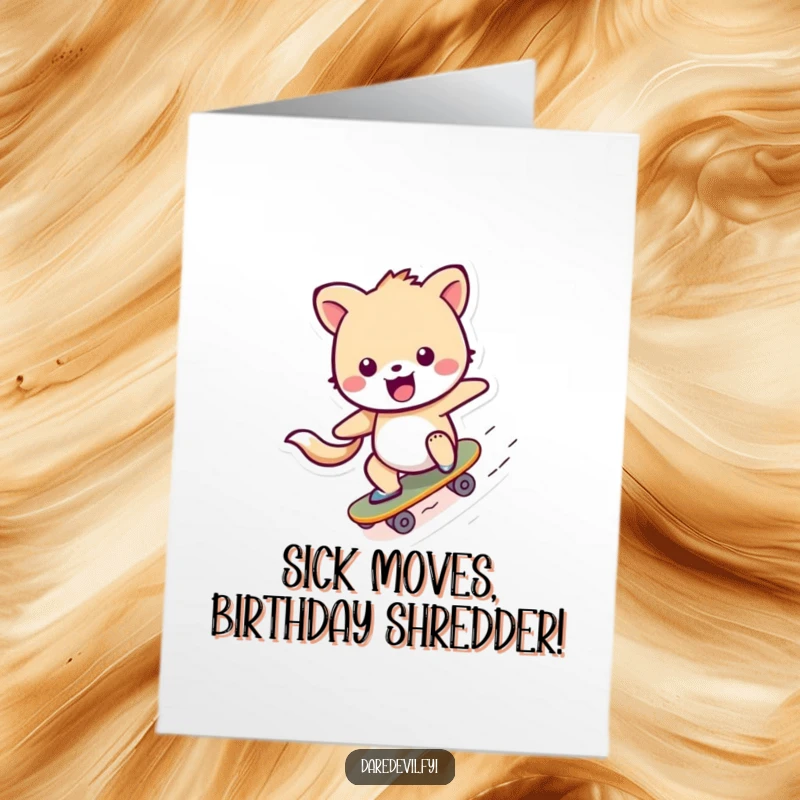 Funny Free Printable Birthday Card featuring a cheerful animal effortlessly grinding down a ramp on a tiny skateboard.