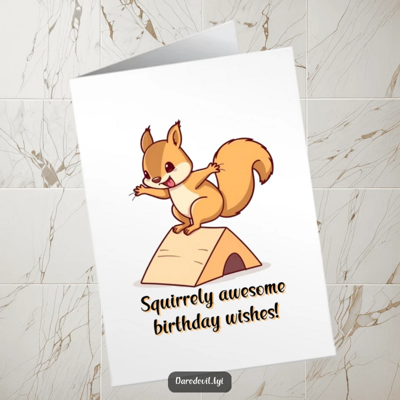 Funny Free Printable Birthday Card: A squirrel executes a radical flip off a mini ramp, embodying extreme birthday fun.