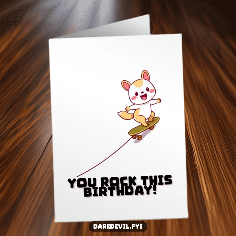 Funny free printable birthday card of a happy animal character speeding down a ramp on a skateboard.