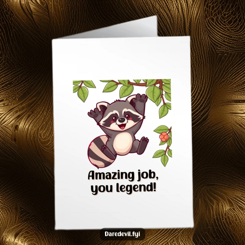 Funny free printable congratulations card of a raccoon exhilaratedly swinging from a vine, celebrating an achievement.