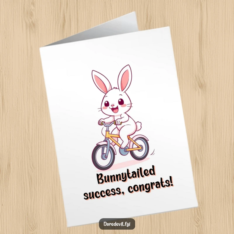 Funny Free Printable Congrats Card: A smiling rabbit races on a bike, celebrating your swift and impressive achievement.