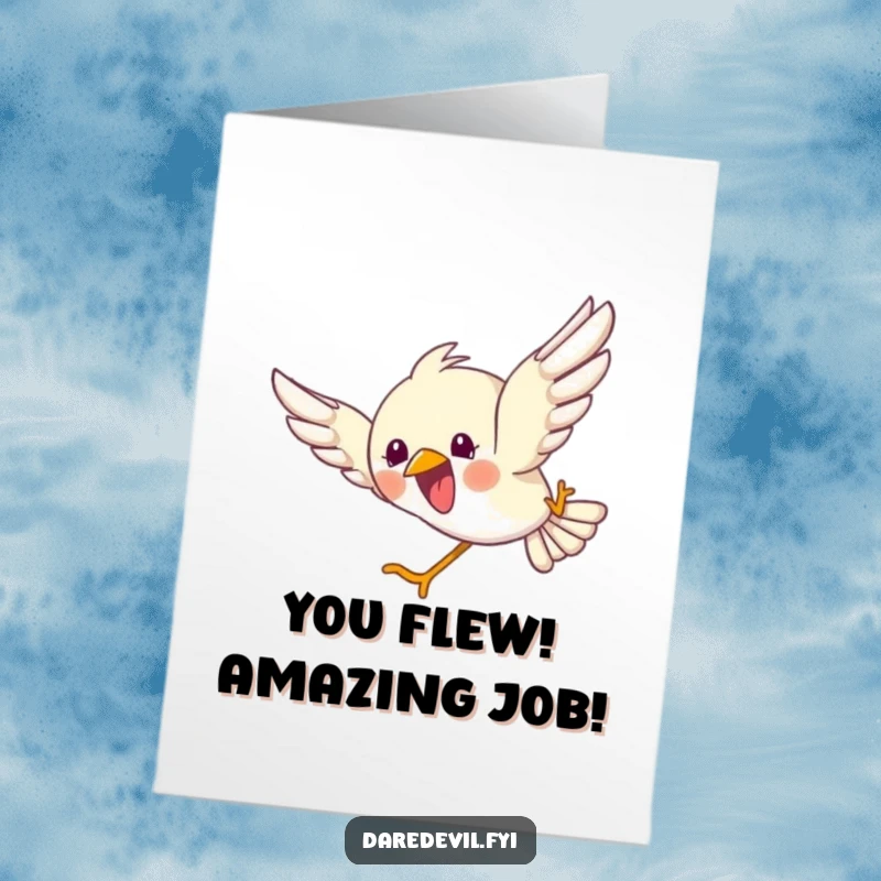 Funny Free Printable Congrats Card: Bird joyfully dives headfirst, symbolizing a triumphant achievement and celebration.