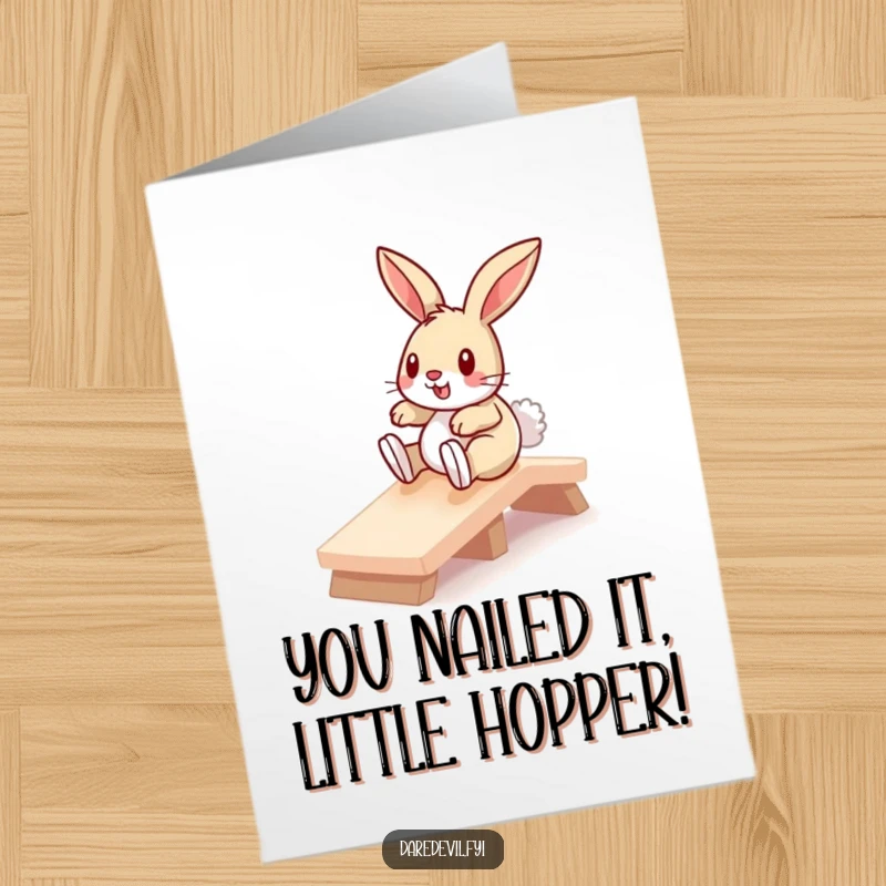 Funny free printable congratulations card: A determined bunny conquers a ramp, celebrating success with a thrilling descent, perfect for any achievement.